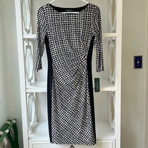 NWT Ralph Lauren Herringbone Sheath 3/4 Sleeve Lined Black White Dress Size 4